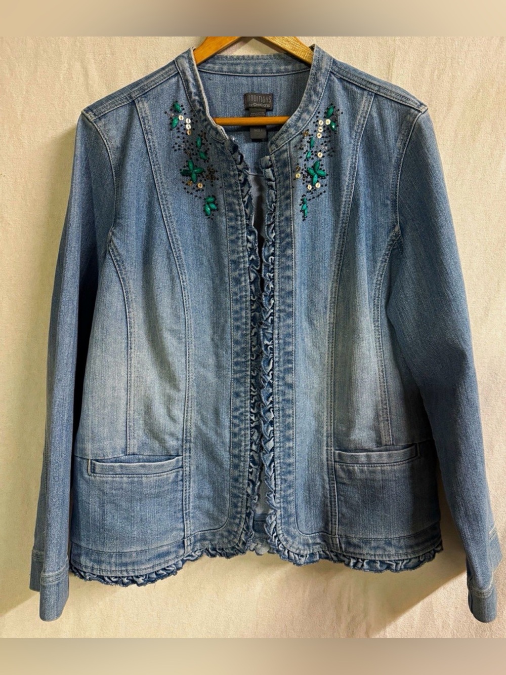 Additions by Chico’s Denim Jacket Women’s Size 2 Ruffle Trim Beaded Blue